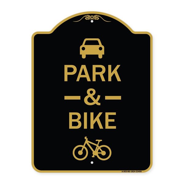 Signmission Park & Ride With Bicycle Graphic, Black & Gold Aluminum Architectural Sign, 18" x 24", BG-1824-23499 A-DES-BG-1824-23499